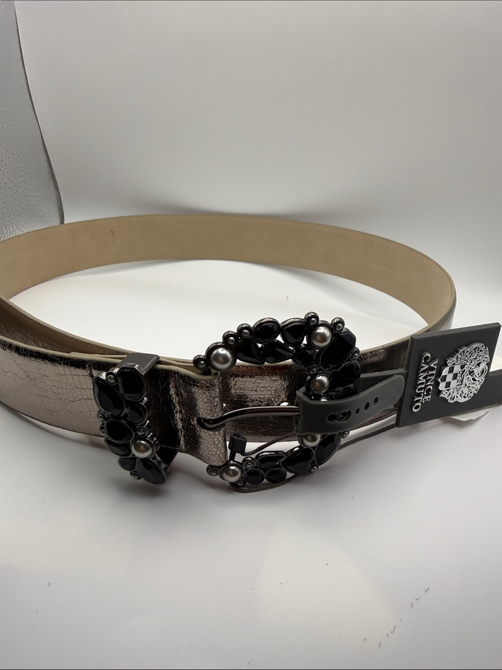 NEW Vince Camuto Metallic  Belt with Black Jeweled Buckle